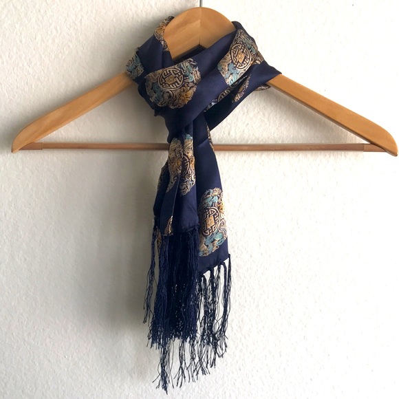 100% Silk Scarf Navy Blue Dragon Motif Double Sided Scarf - Picture 8 of 9